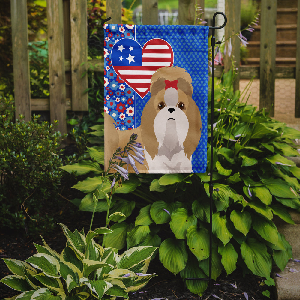 Gold and White Shih Tzu USA American Flag Garden Size  the-store.com.