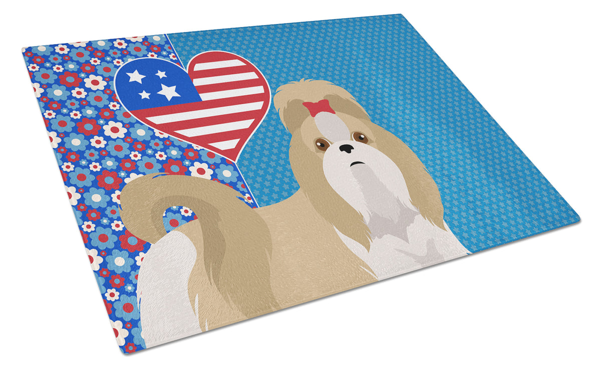 Buy this Gold and White Shih Tzu USA American Glass Cutting Board Large