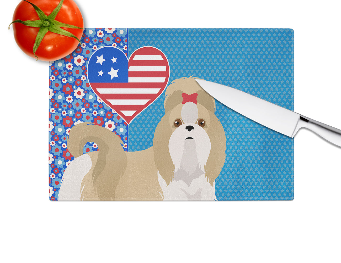 Gold and White Shih Tzu USA American Glass Cutting Board Large - the-store.com