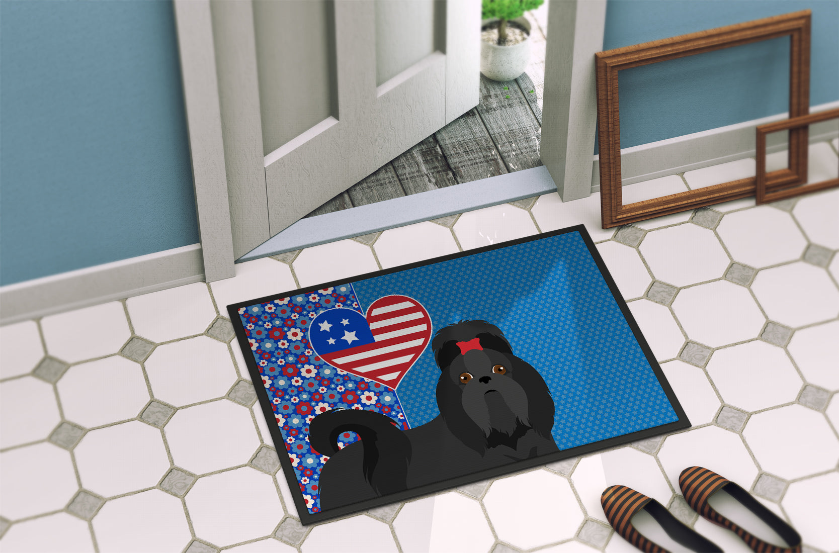 Black Shih Tzu USA American Indoor or Outdoor Mat 24x36 - the-store.com