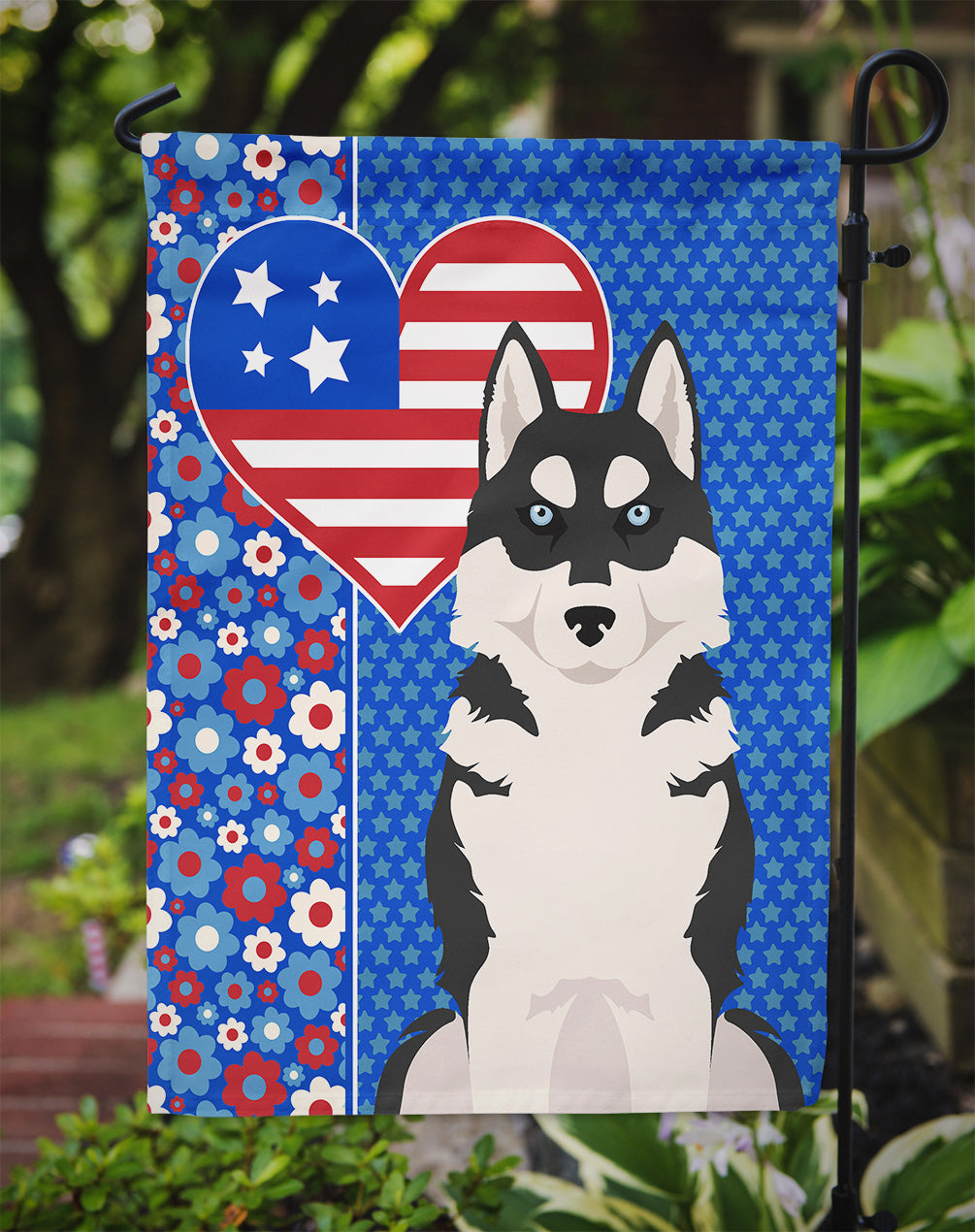Black Siberian Husky USA American Flag Garden Size