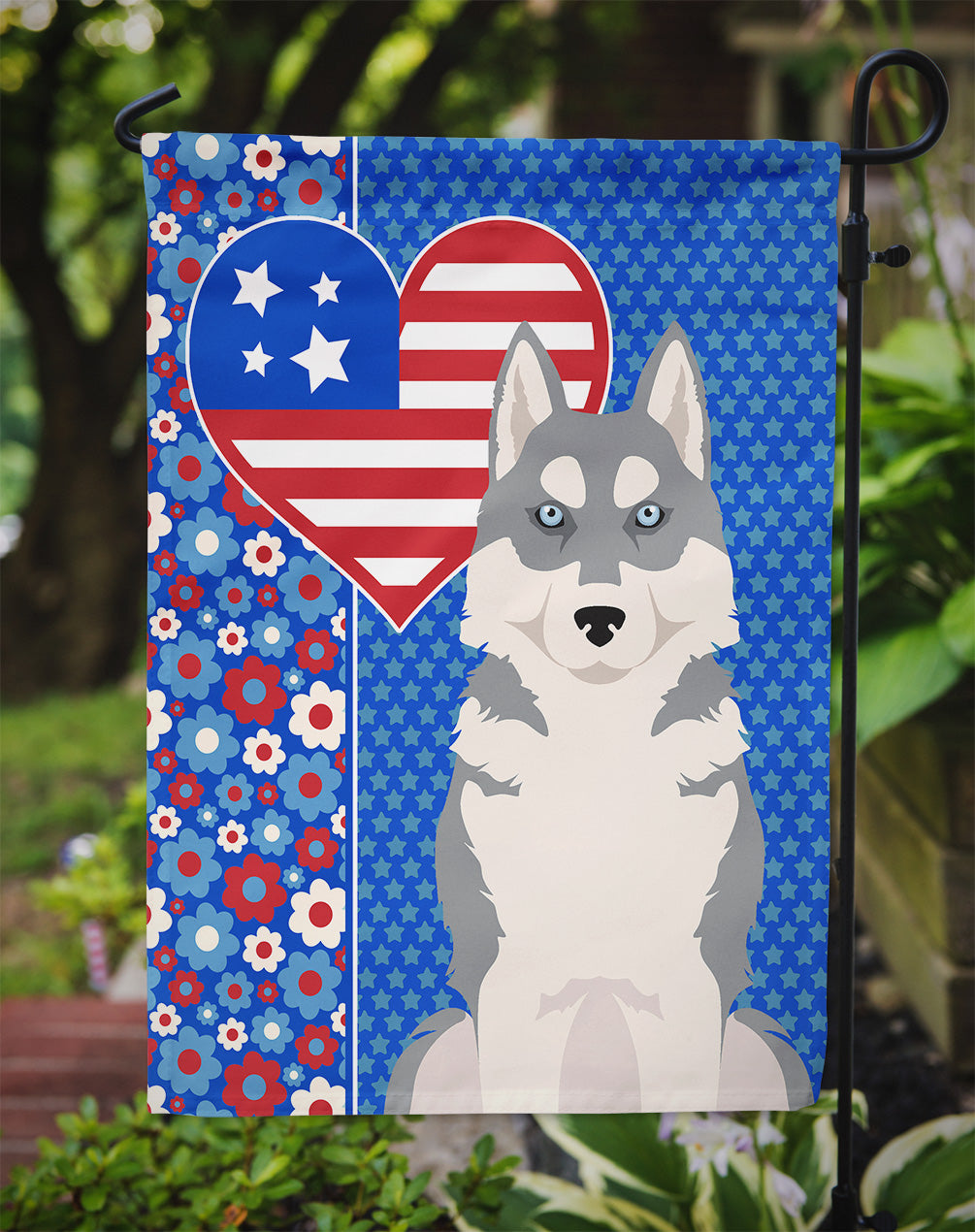 Grey Siberian Husky USA American Flag Garden Size