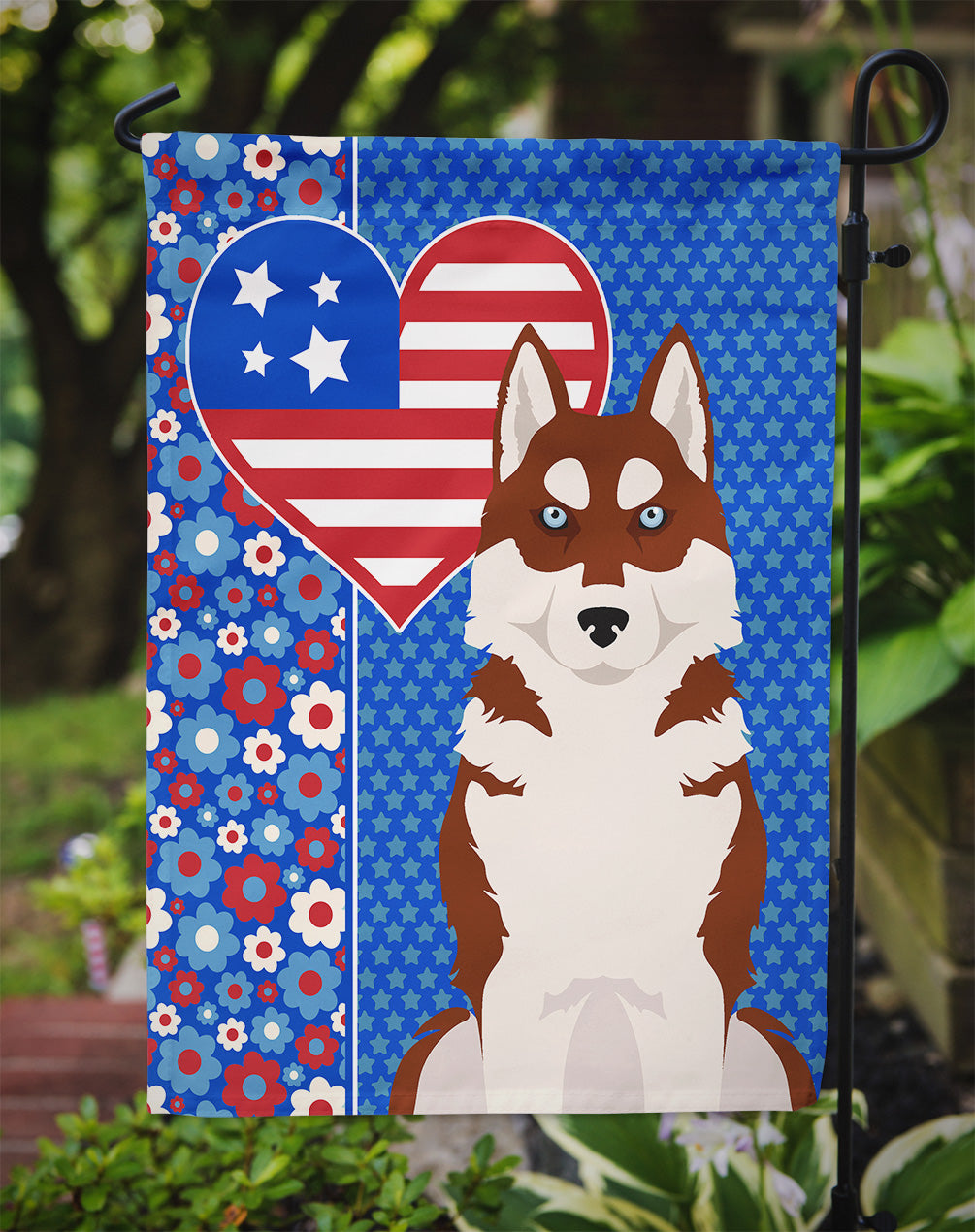 Red Siberian Husky USA American Flag Garden Size