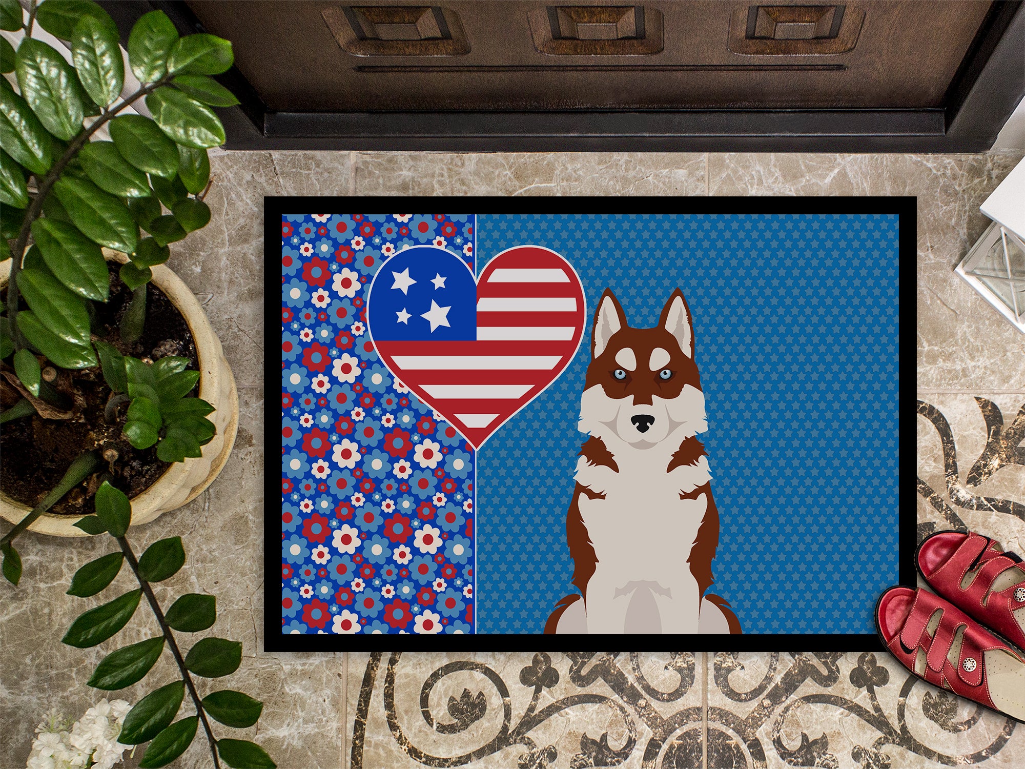 Red Siberian Husky USA American Indoor or Outdoor Mat 24x36 - the-store.com
