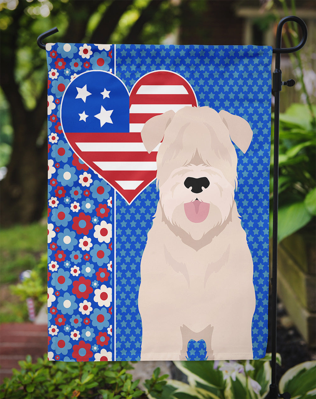Soft Coated Wheaten Terrier USA American Flag Garden Size  the-store.com.