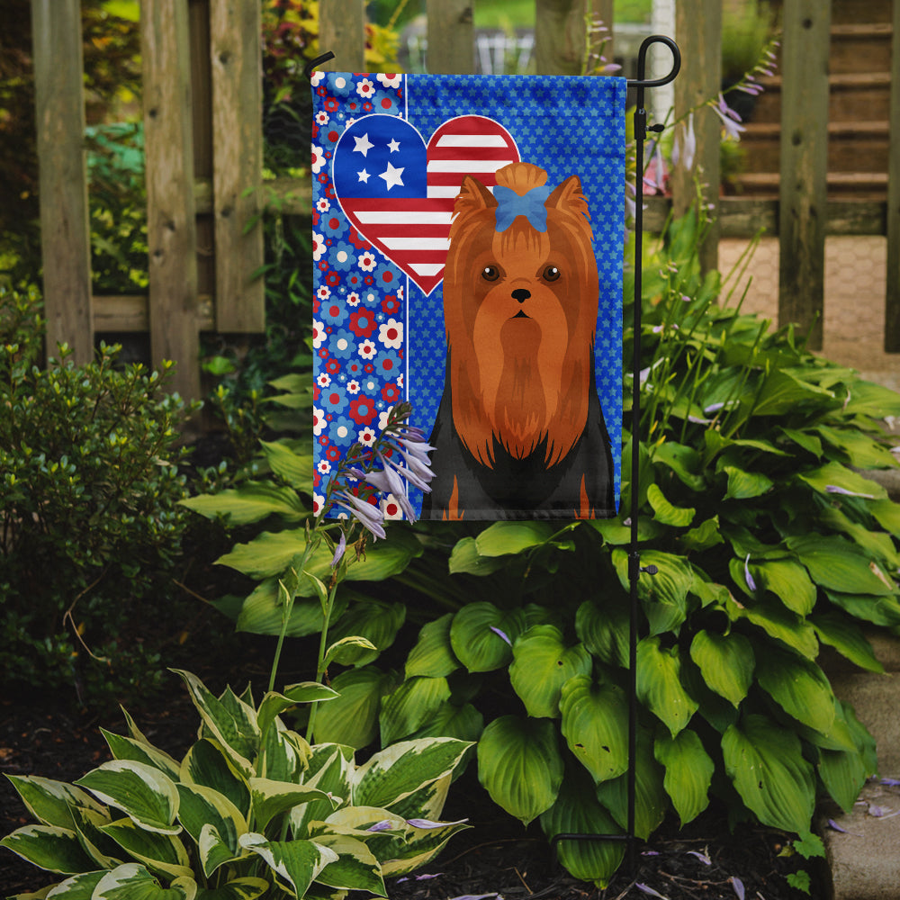 Black and Tan Full Coat Yorkshire Terrier USA American Flag Garden Size  the-store.com.
