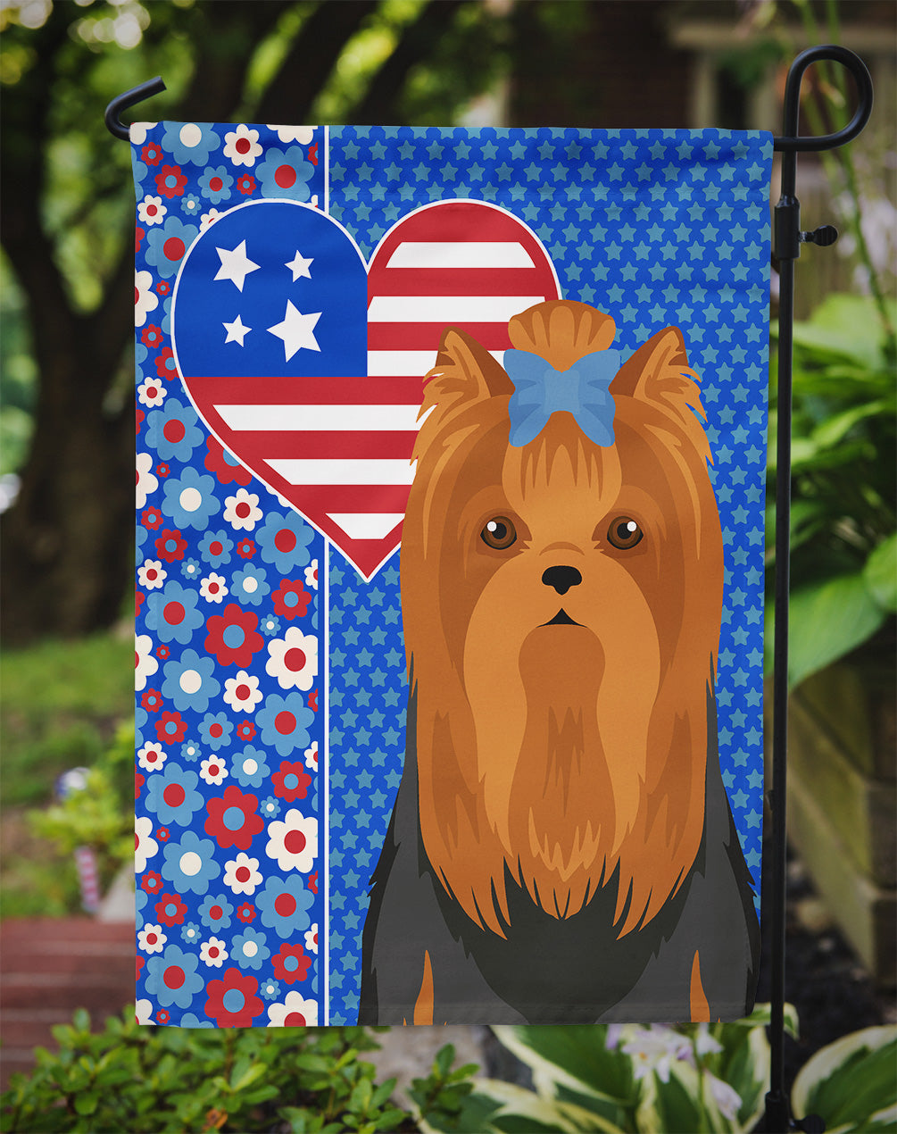 Black and Tan Full Coat Yorkshire Terrier USA American Flag Garden Size  the-store.com.