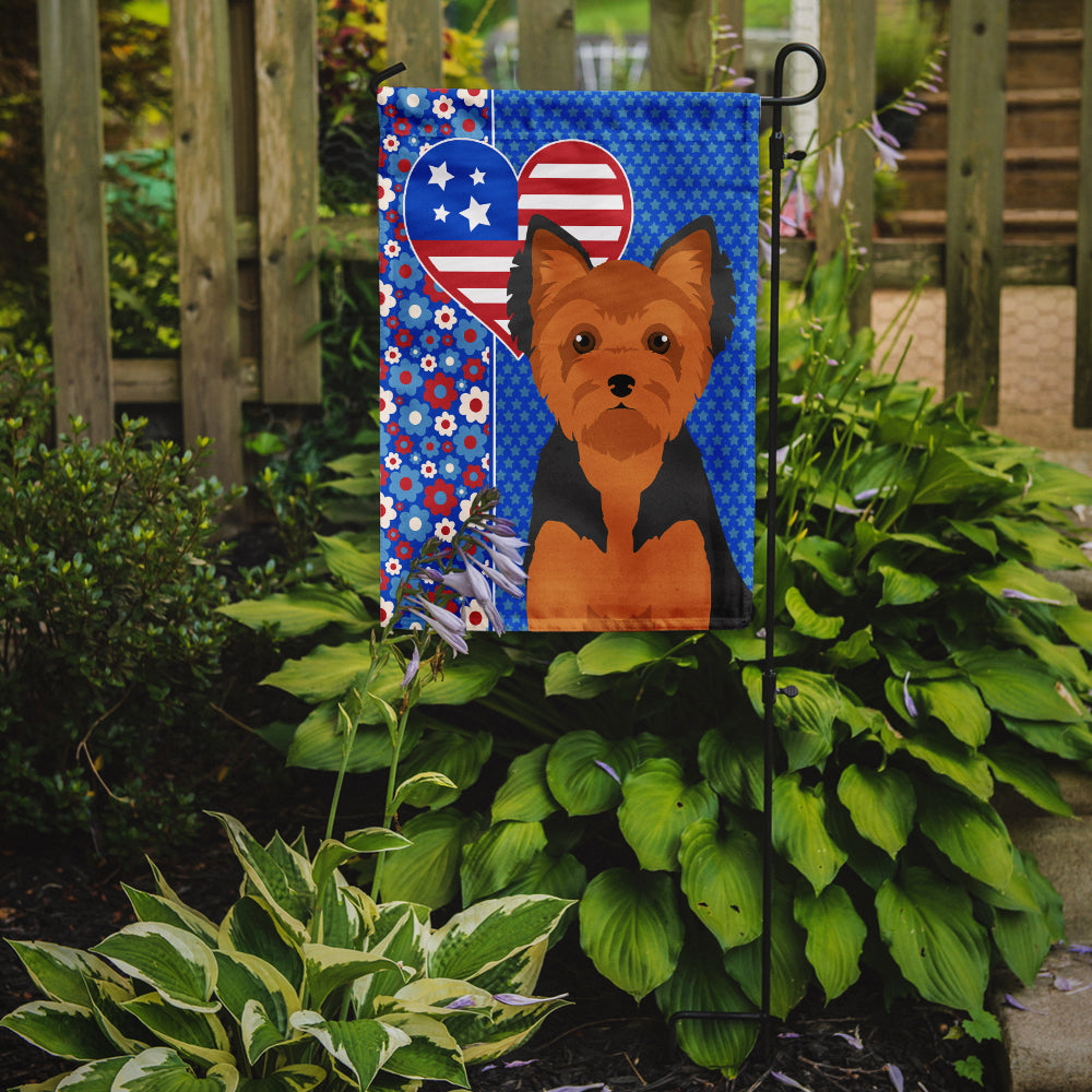 Black and Tan Puppy Cut Yorkshire Terrier USA American Flag Garden Size  the-store.com.