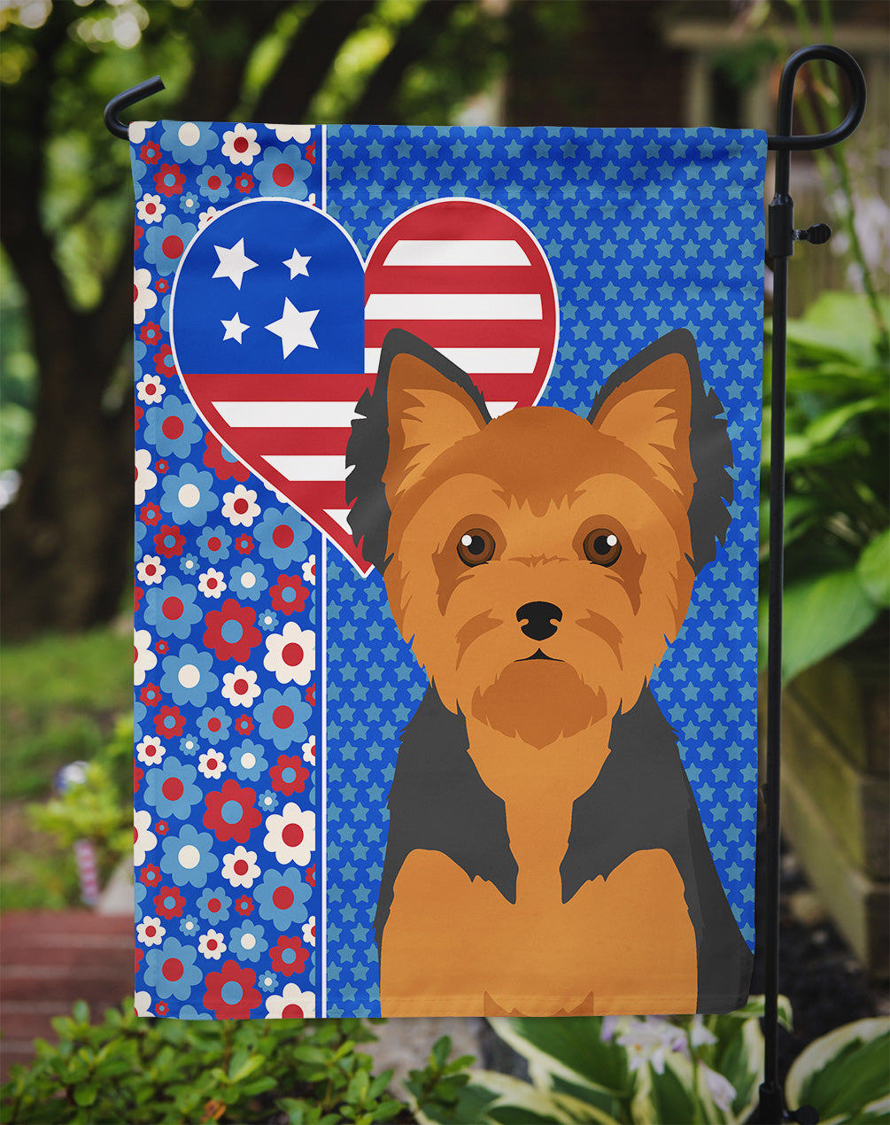 Black and Tan Puppy Cut Yorkshire Terrier USA American Flag Garden Size