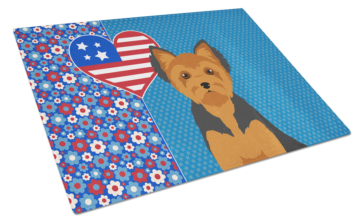 Buy this Black and Tan Puppy Cut Yorkshire Terrier USA American Glass Cutting Board Large