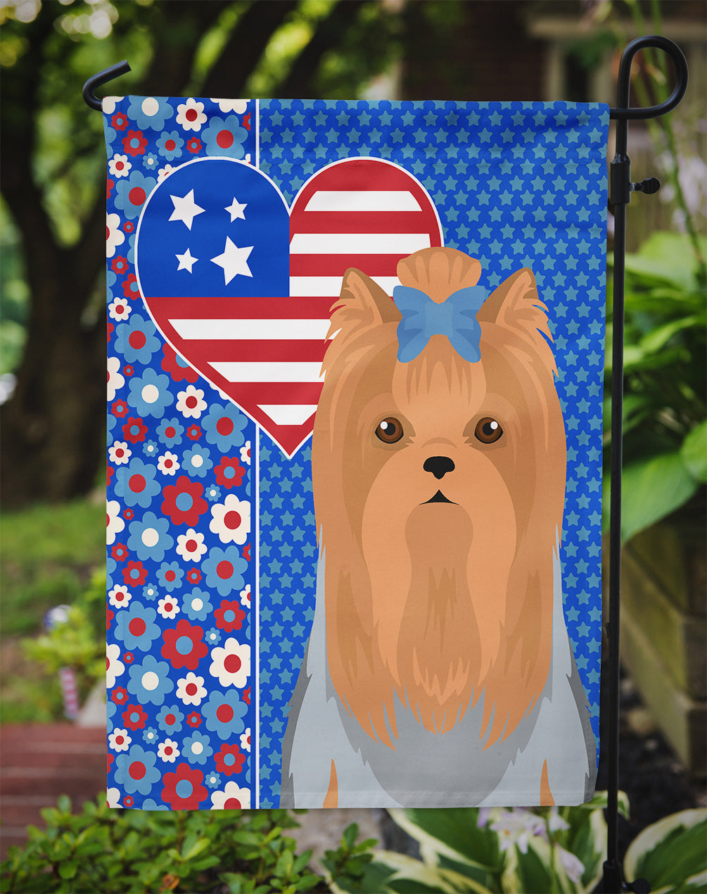 Blue and Tan Full Coat Yorkshire Terrier USA American Flag Garden Size