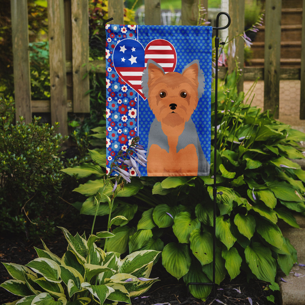 Blue and Tan Puppy Cut Yorkshire Terrier USA American Flag Garden Size  the-store.com.