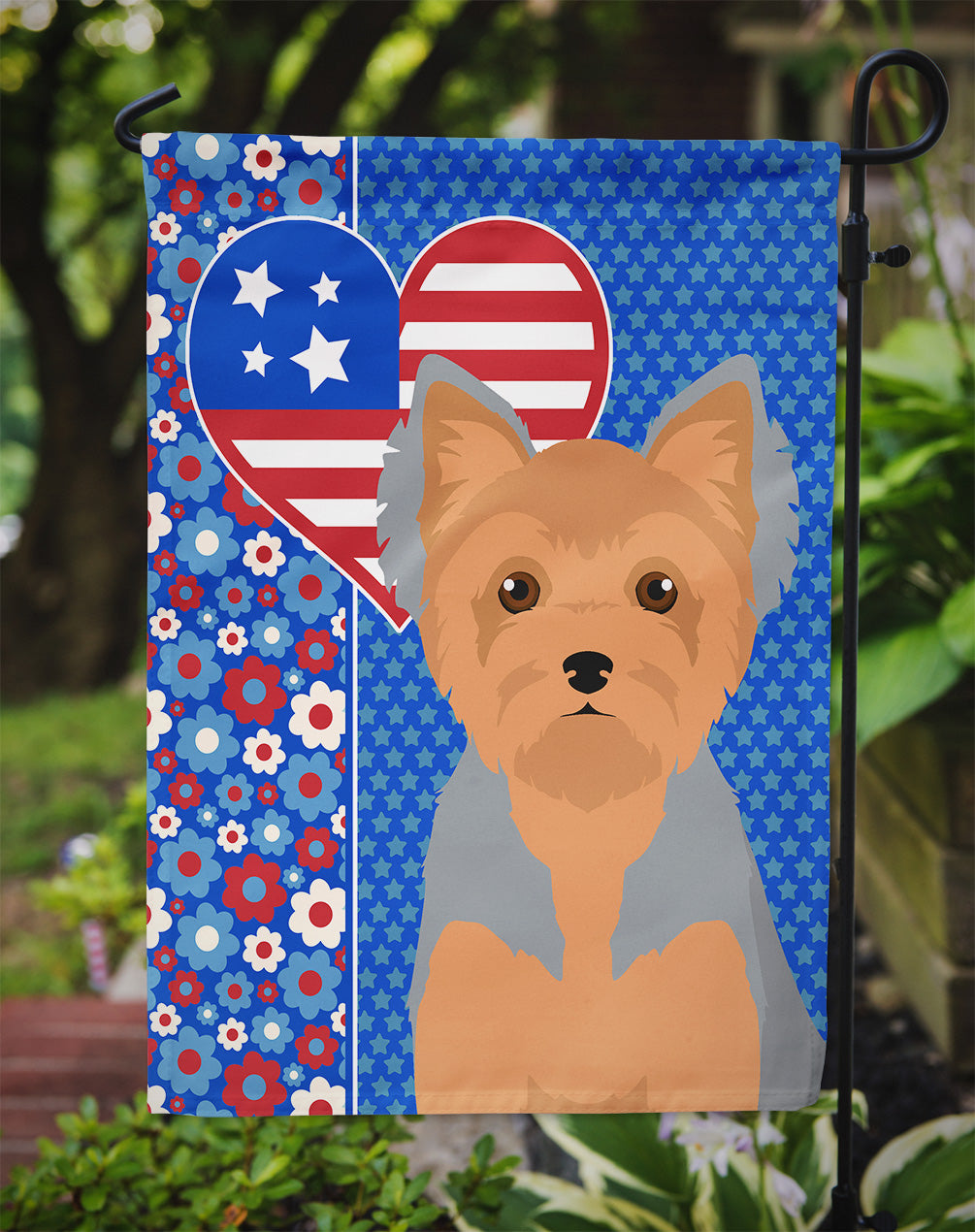 Blue and Tan Puppy Cut Yorkshire Terrier USA American Flag Garden Size