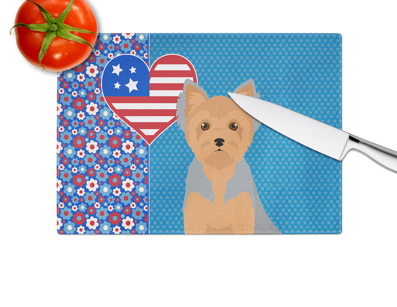 Blue and Tan Puppy Cut Yorkshire Terrier USA American Glass Cutting Board Large - the-store.com