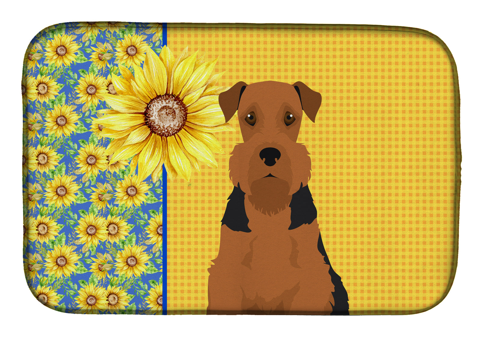 Summer Sunflowers Black and Tan Airedale Terrier Dish Drying Mat