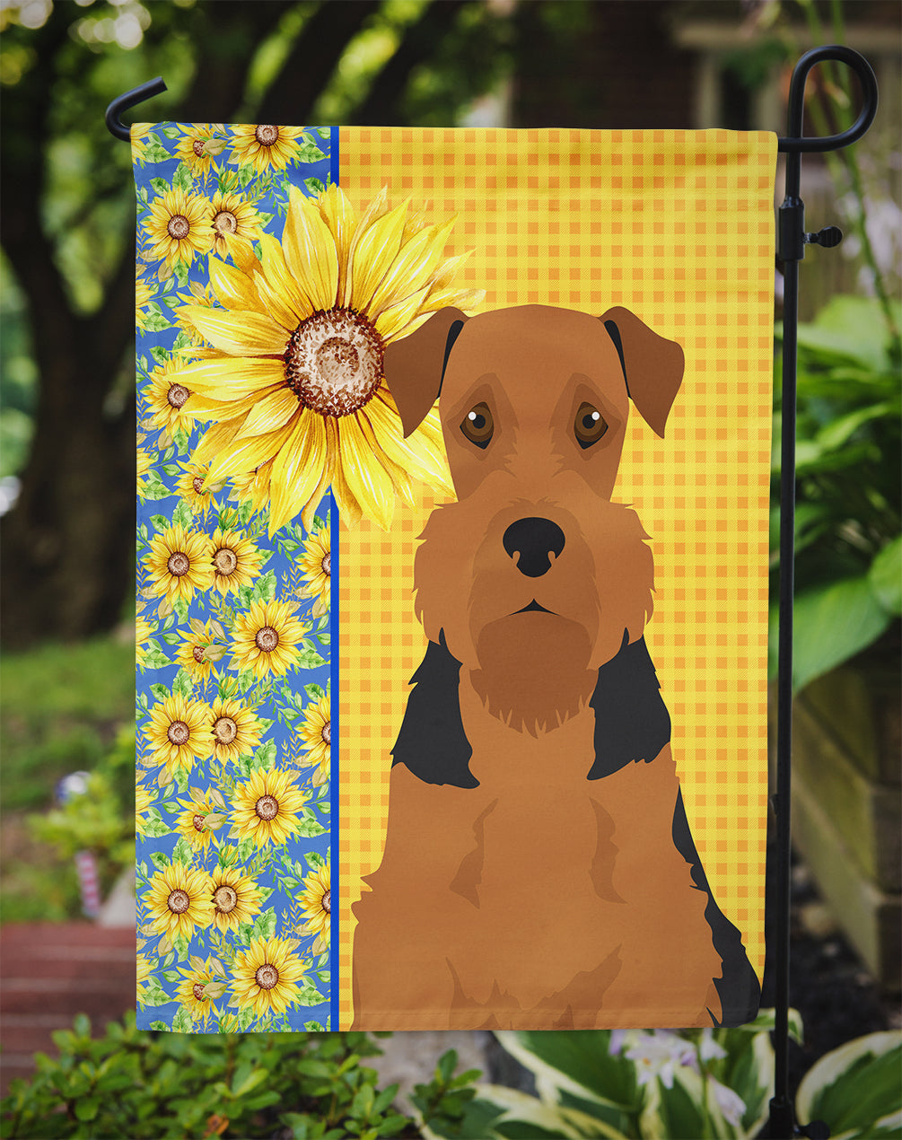 Summer Sunflowers Black and Tan Airedale Terrier Flag Garden Size  the-store.com.