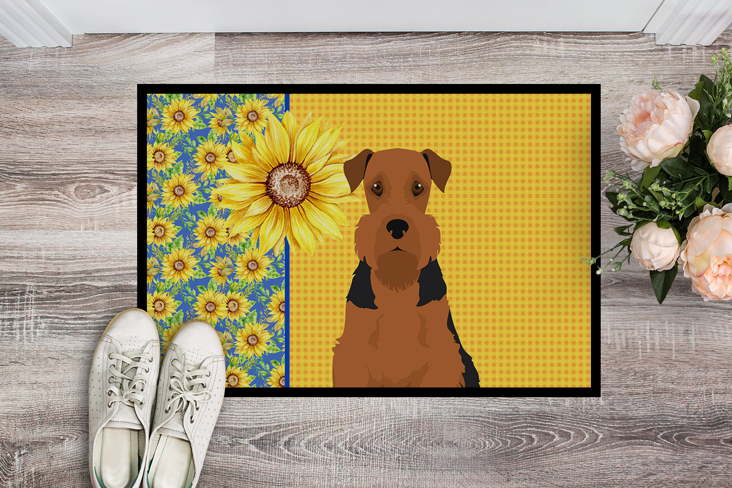 Summer Sunflowers Black and Tan Airedale Terrier Indoor or Outdoor Mat 24x36 - the-store.com