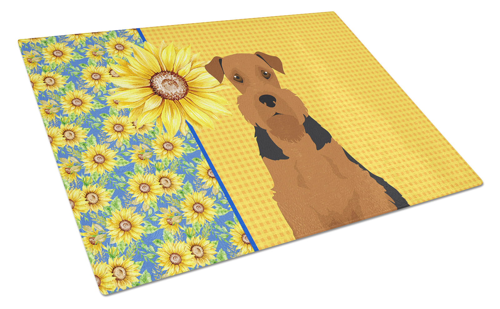 Buy this Summer Sunflowers Black and Tan Airedale Terrier Glass Cutting Board Large