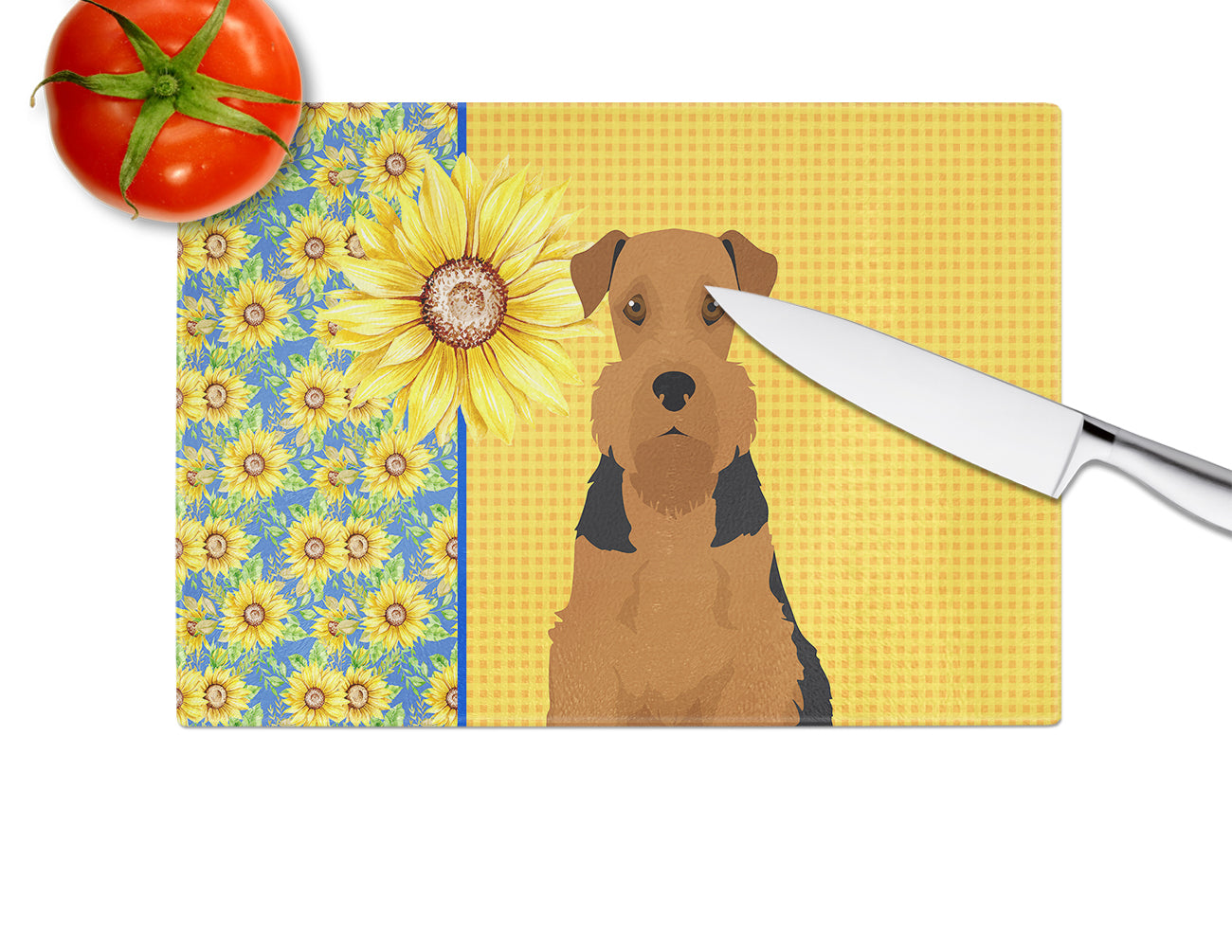 Summer Sunflowers Black and Tan Airedale Terrier Glass Cutting Board Large - the-store.com