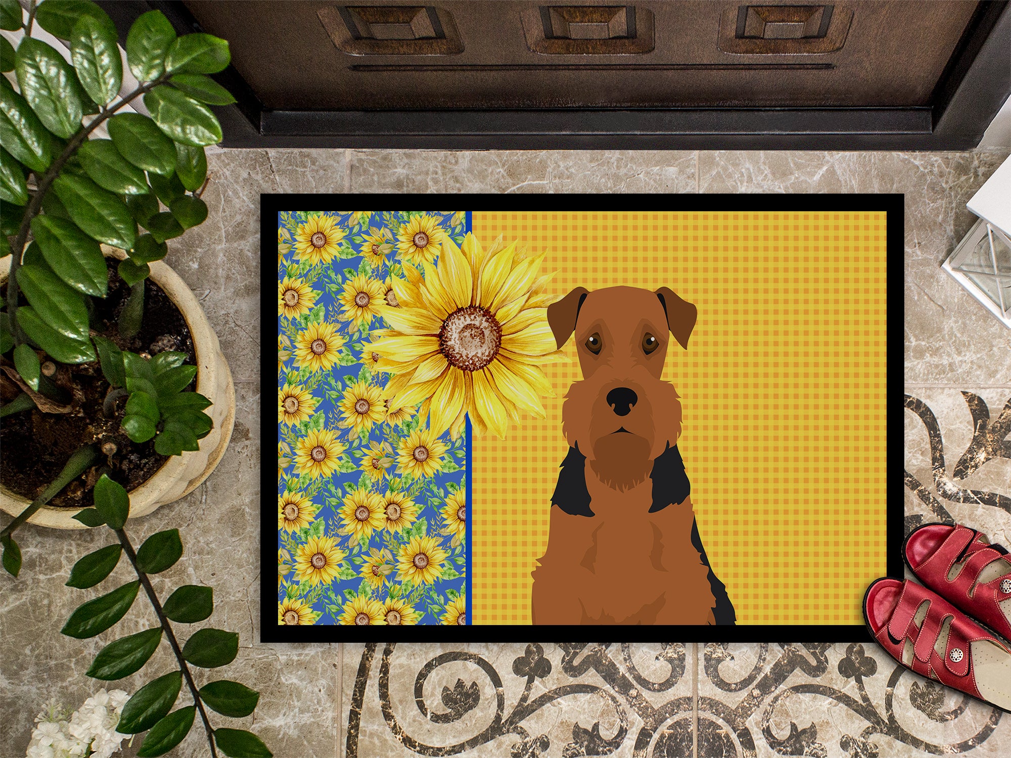 Summer Sunflowers Black and Tan Airedale Terrier Indoor or Outdoor Mat 18x27 - the-store.com