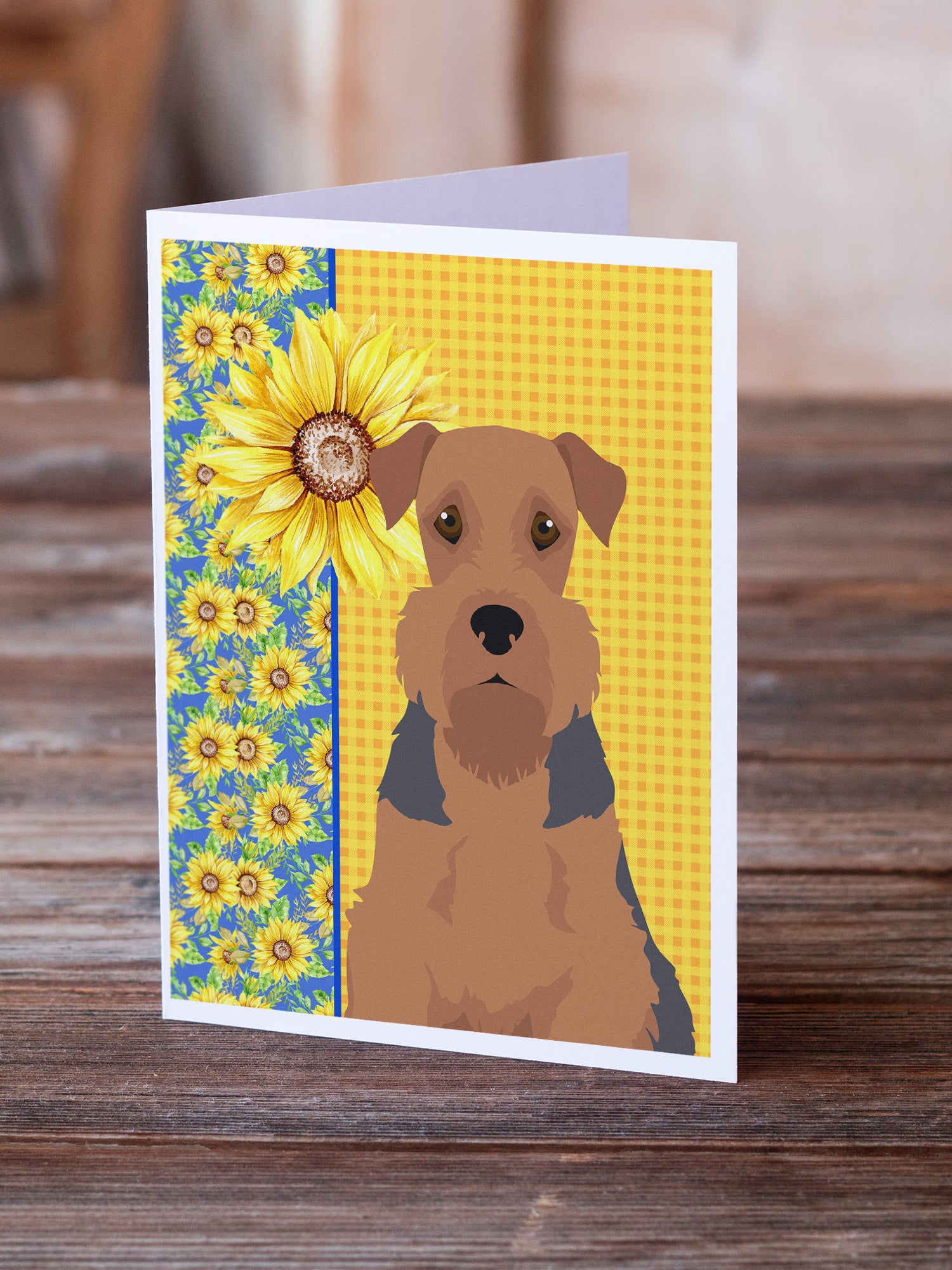 Buy this Summer Sunflowers Grizzle and Tan Airedale Terrier Greeting Cards and Envelopes Pack of 8