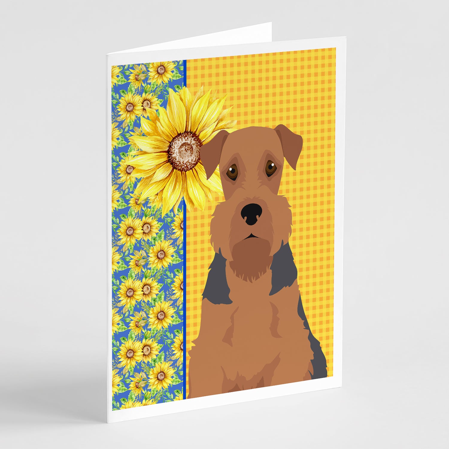 Buy this Summer Sunflowers Grizzle and Tan Airedale Terrier Greeting Cards and Envelopes Pack of 8