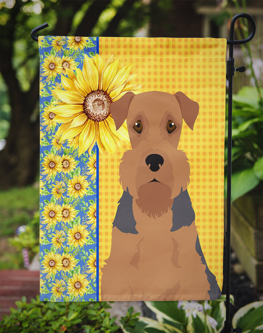 Summer Sunflowers Grizzle and Tan Airedale Terrier Flag Garden Size  the-store.com.