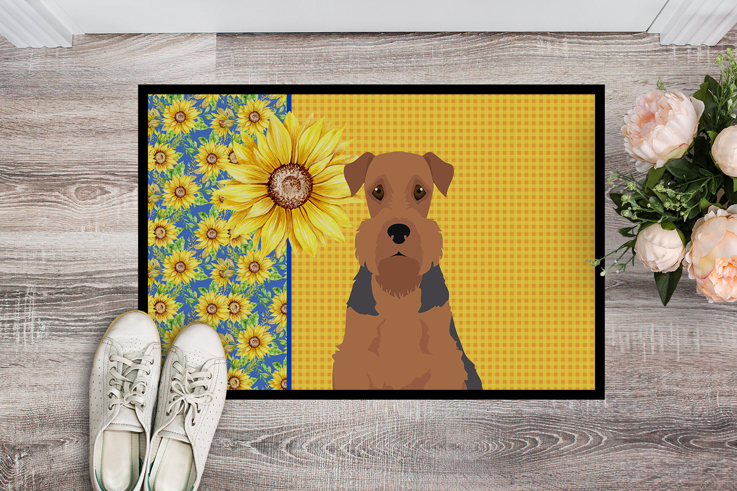 Summer Sunflowers Grizzle and Tan Airedale Terrier Indoor or Outdoor Mat 24x36 - the-store.com