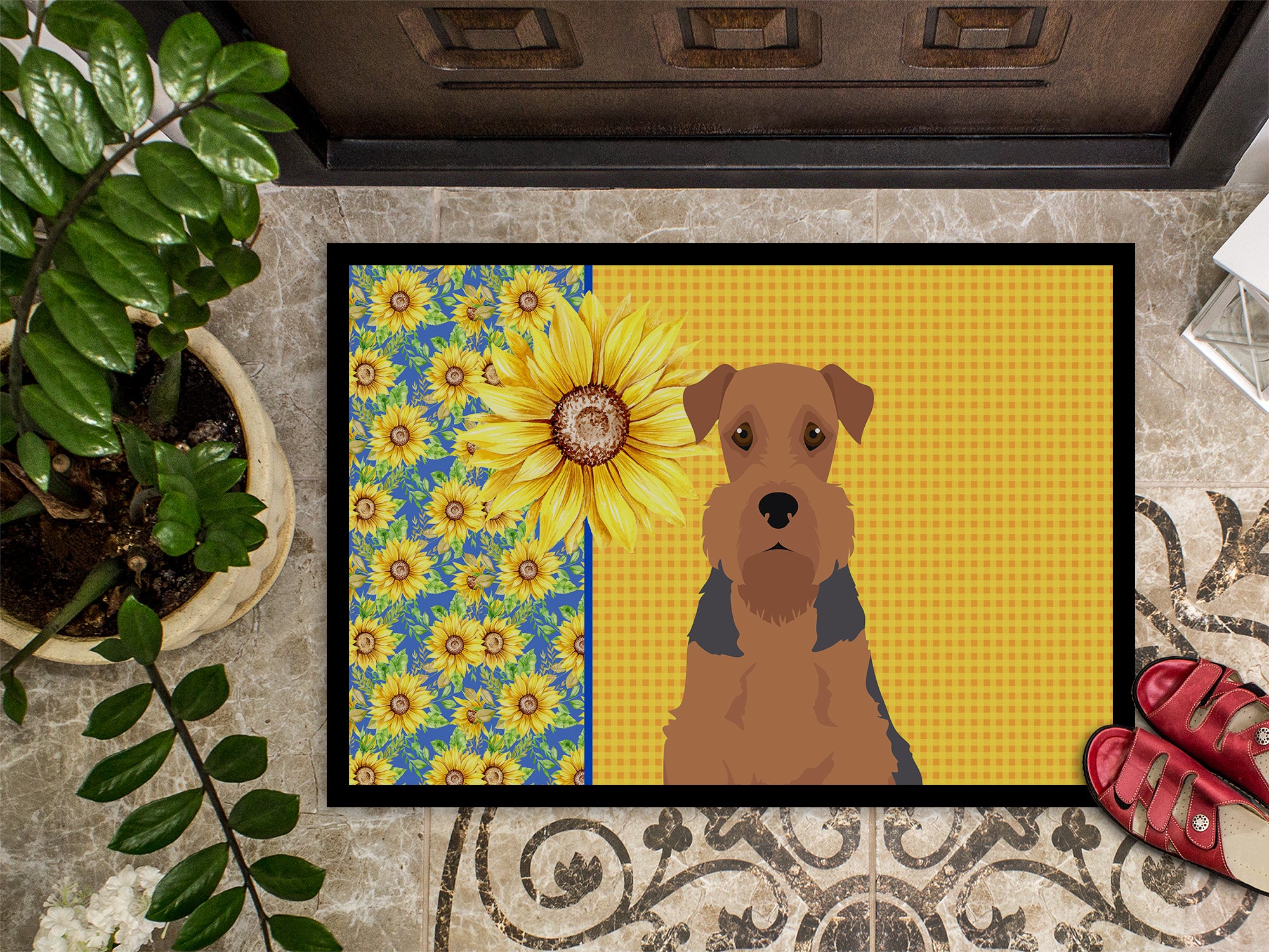 Summer Sunflowers Grizzle and Tan Airedale Terrier Indoor or Outdoor Mat 24x36 - the-store.com