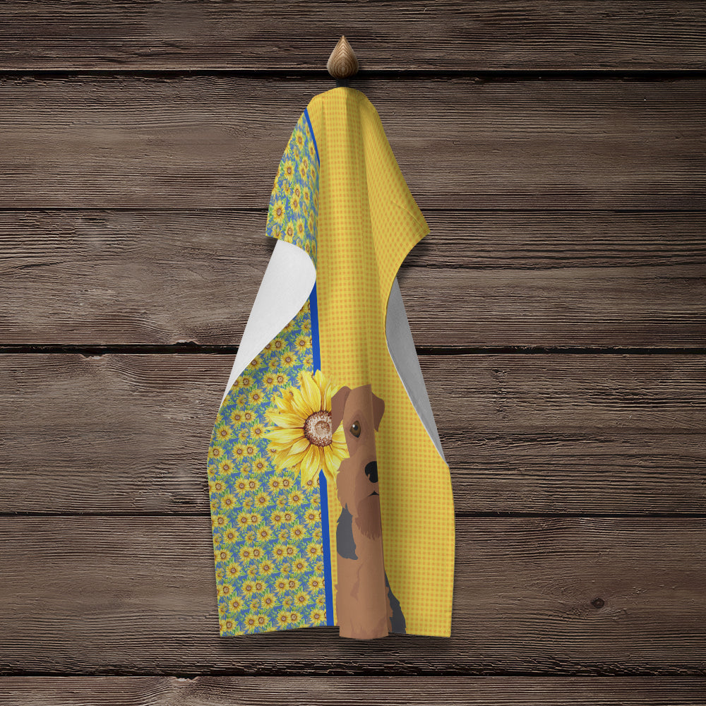 Summer Sunflowers Grizzle and Tan Airedale Terrier Kitchen Towel - the-store.com