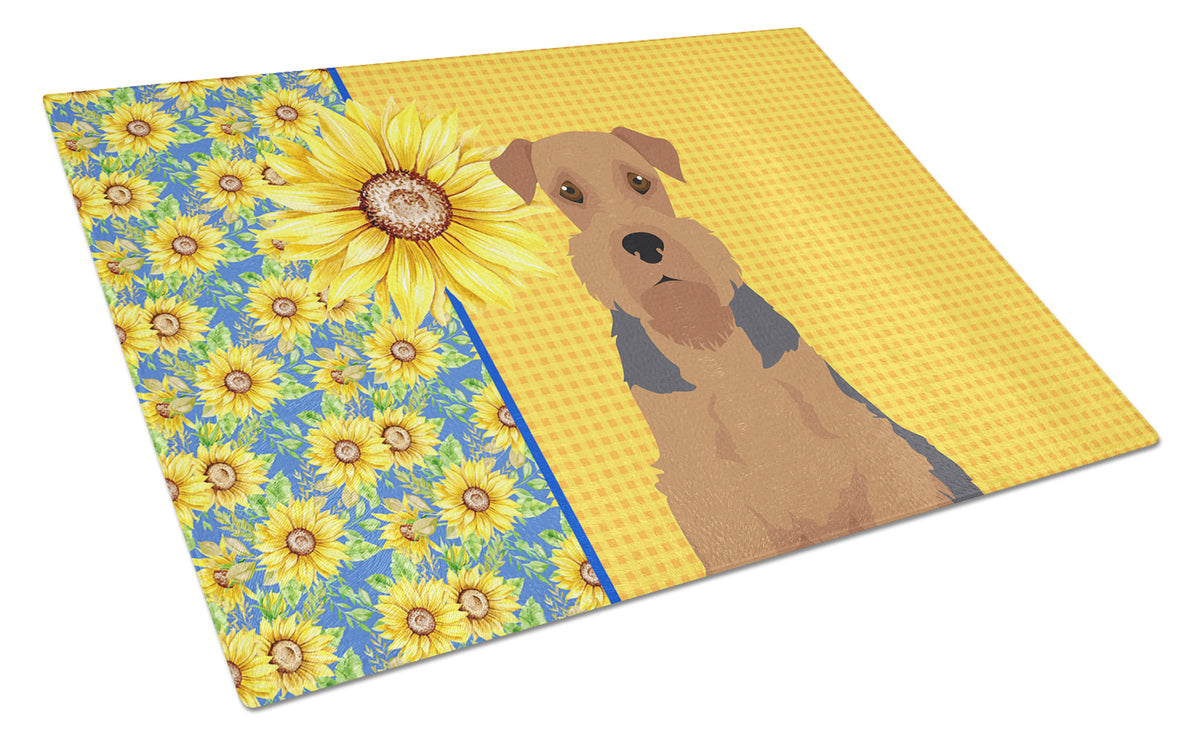 Buy this Summer Sunflowers Grizzle and Tan Airedale Terrier Glass Cutting Board Large