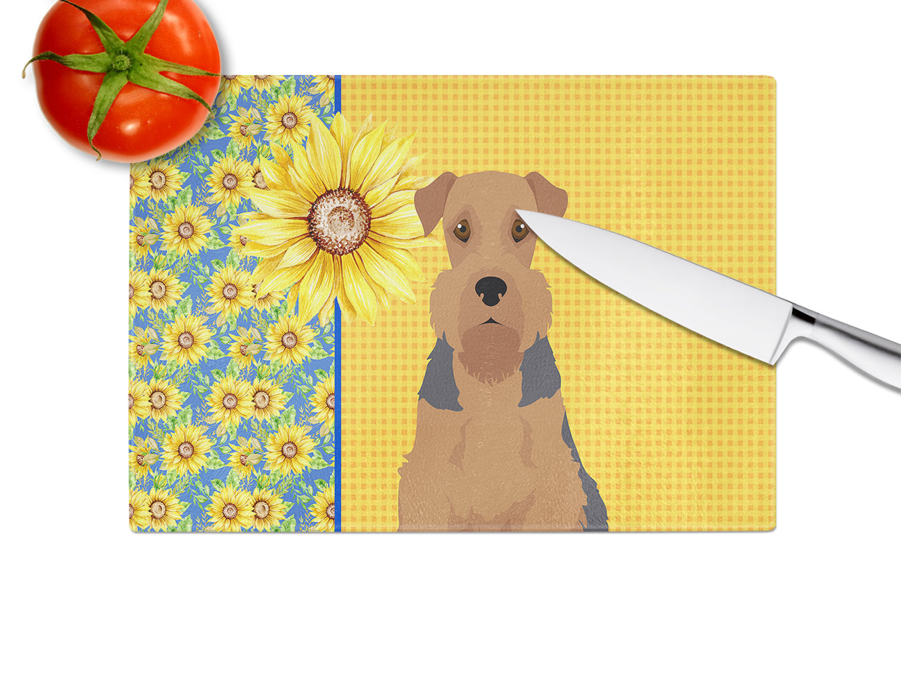 Summer Sunflowers Grizzle and Tan Airedale Terrier Glass Cutting Board Large - the-store.com
