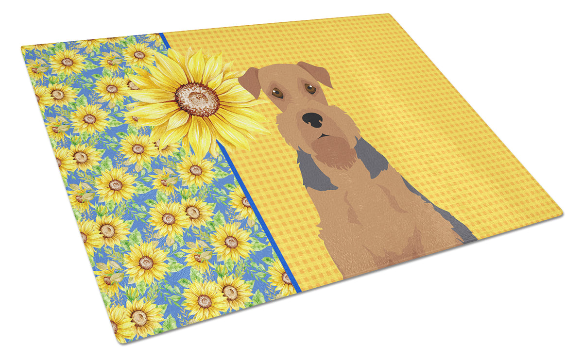 Caroline's Treasures Summer Sunflowers Grizzle and Tan Airedale Terrier Glass Cutting Boards – Durable, Decorative Kitchen Art Large