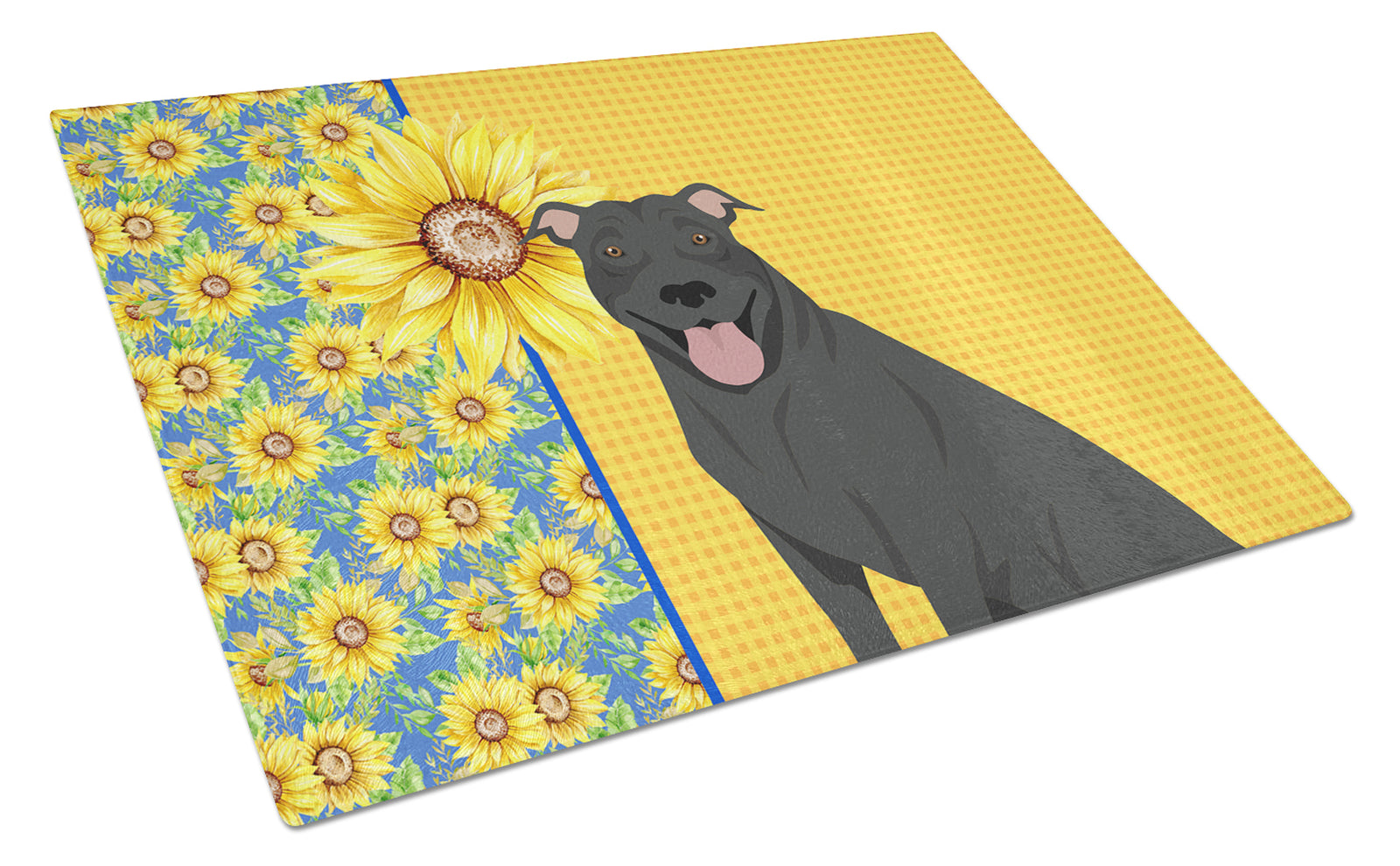 Buy this Summer Sunflowers Black Pit Bull Terrier Glass Cutting Board Large