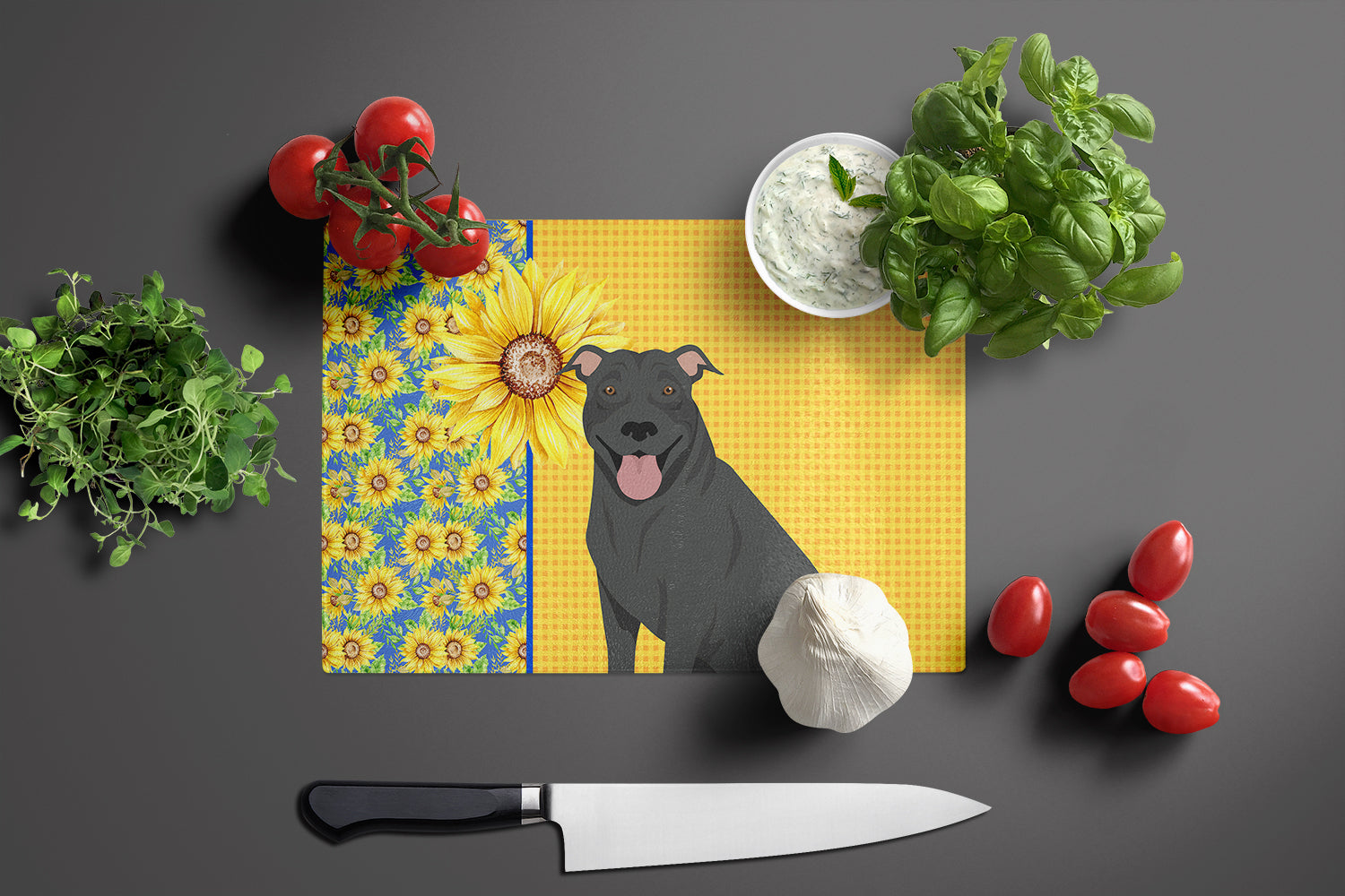 Summer Sunflowers Black Pit Bull Terrier Glass Cutting Board Large - the-store.com