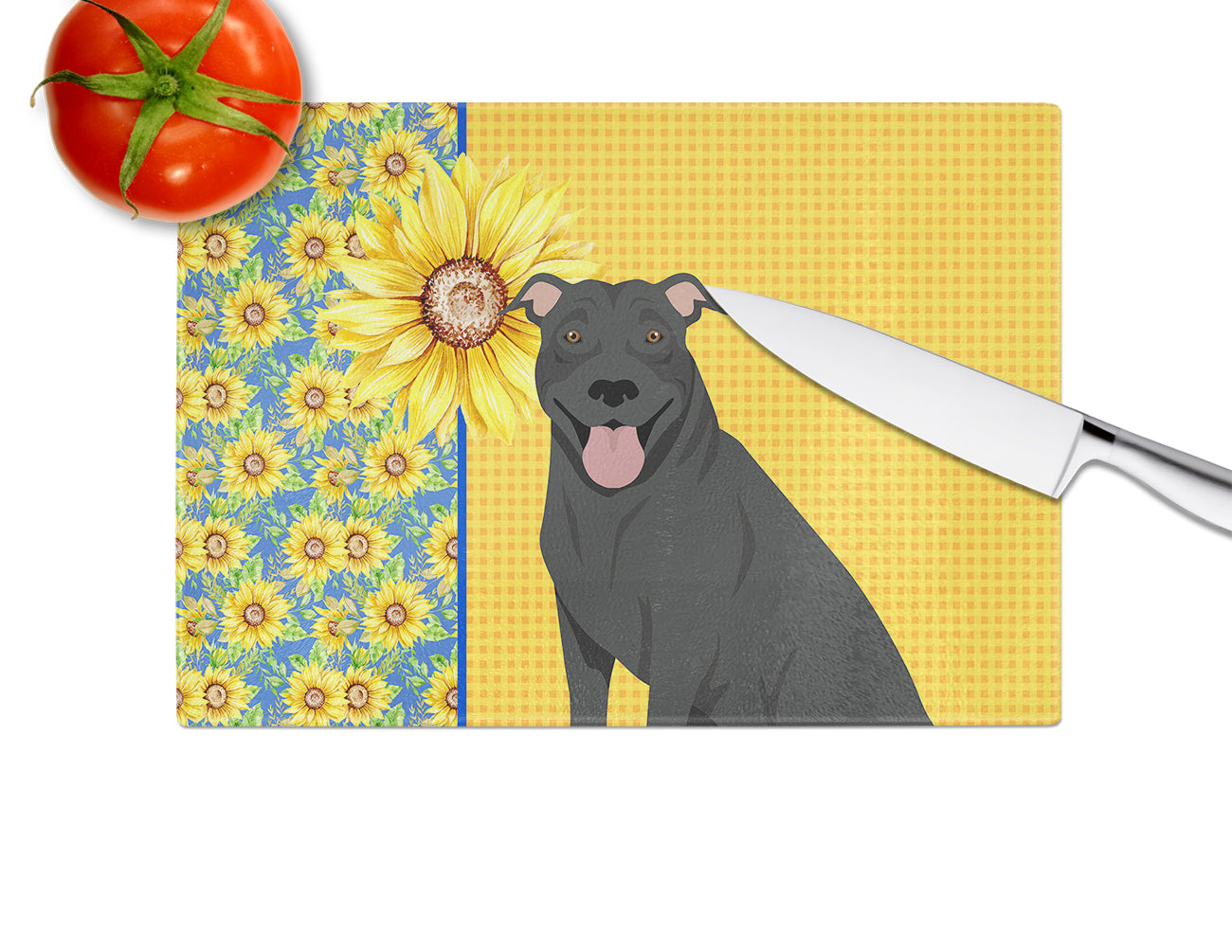 Summer Sunflowers Black Pit Bull Terrier Glass Cutting Board Large - the-store.com