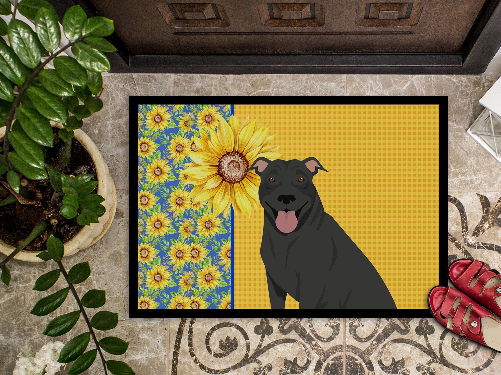Summer Sunflowers Black Pit Bull Terrier Indoor or Outdoor Mat 18x27 - the-store.com