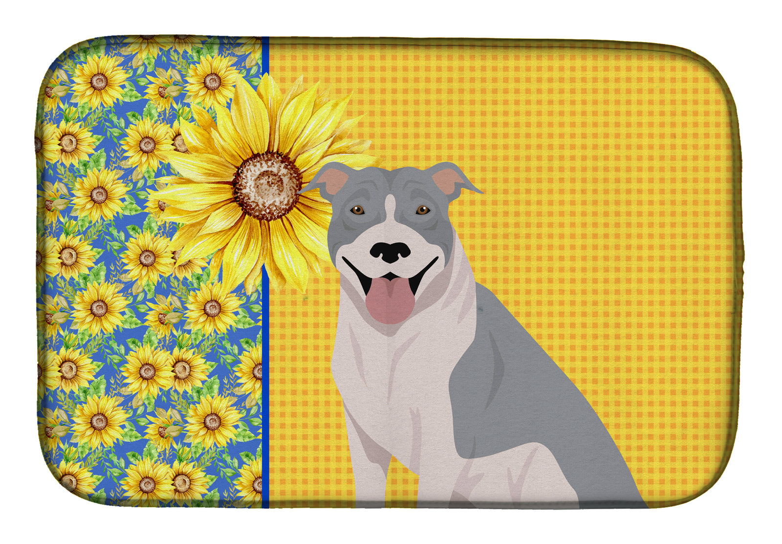 Summer Sunflowers Blue and White Pit Bull Terrier Dish Drying Mat  the-store.com.