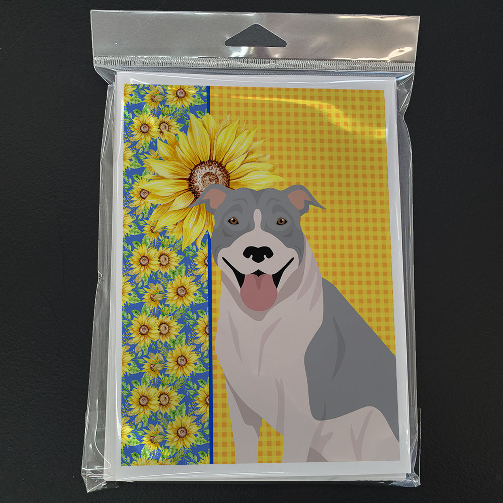 Summer Sunflowers Blue and White Pit Bull Terrier Greeting Cards and Envelopes Pack of 8 - the-store.com