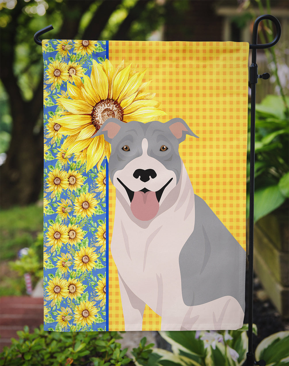 Summer Sunflowers Blue and White Pit Bull Terrier Flag Garden Size  the-store.com.