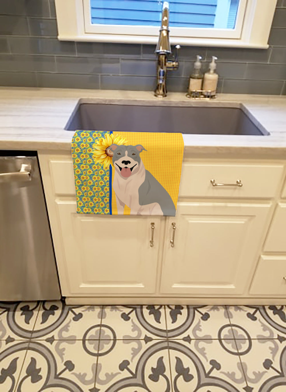 Summer Sunflowers Blue and White Pit Bull Terrier Kitchen Towel - the-store.com
