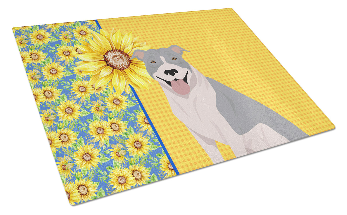 Buy this Summer Sunflowers Blue and White Pit Bull Terrier Glass Cutting Board Large
