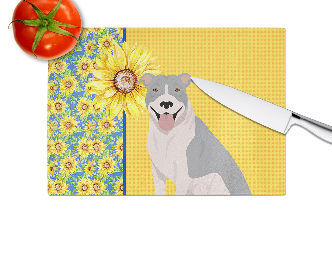 Summer Sunflowers Blue and White Pit Bull Terrier Glass Cutting Board Large - the-store.com