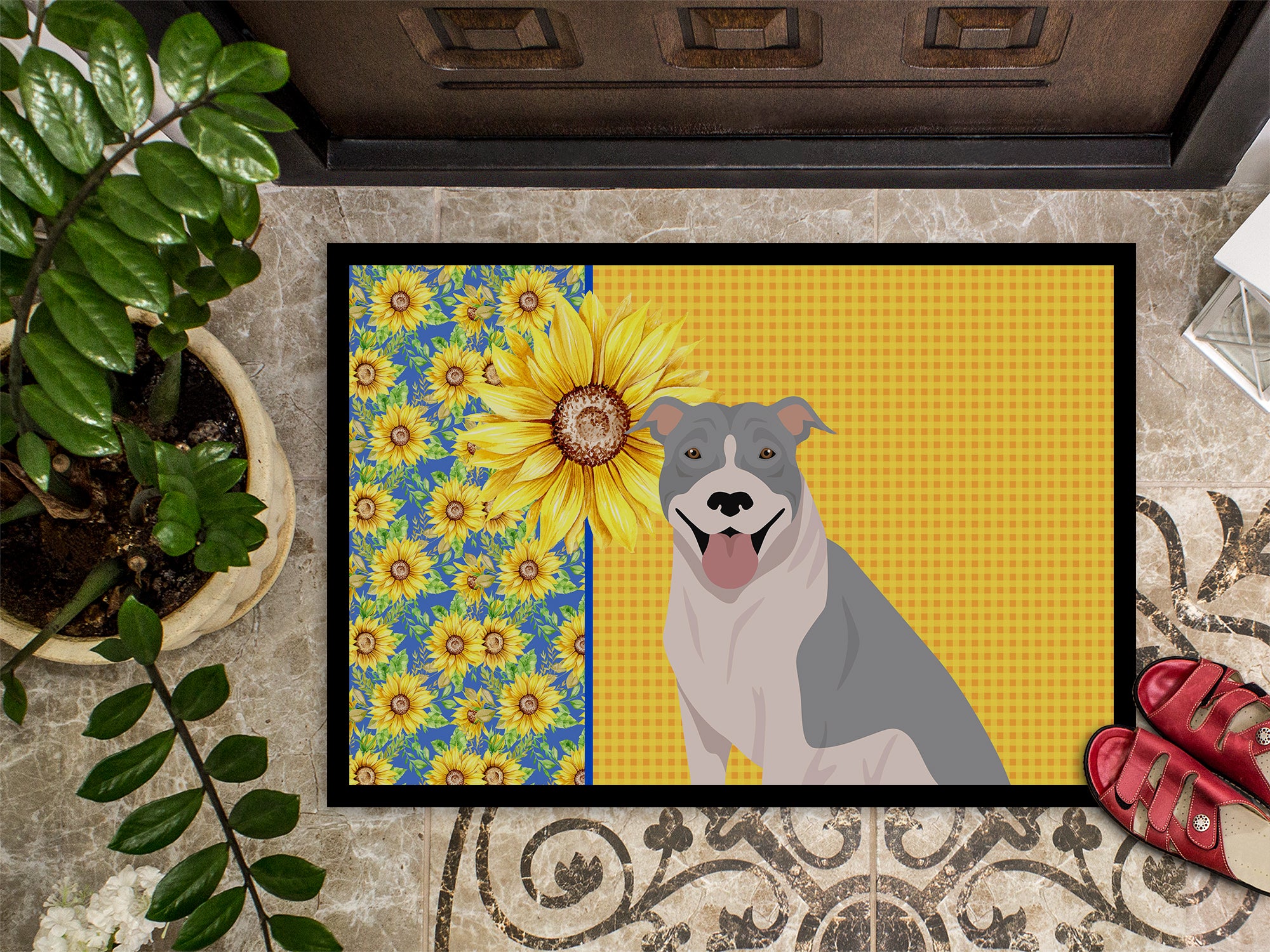 Summer Sunflowers Blue and White Pit Bull Terrier Indoor or Outdoor Mat 18x27 - the-store.com