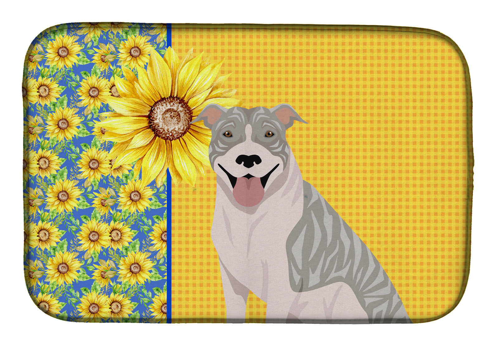 Summer Sunflowers Blue Brindle Pit Bull Terrier Dish Drying Mat  the-store.com.