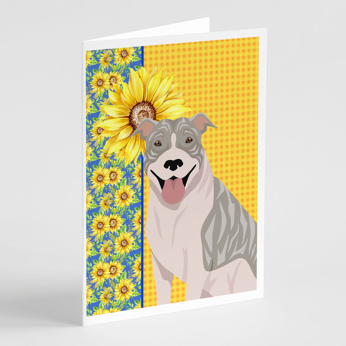 Buy this Summer Sunflowers Blue Brindle Pit Bull Terrier Greeting Cards and Envelopes Pack of 8