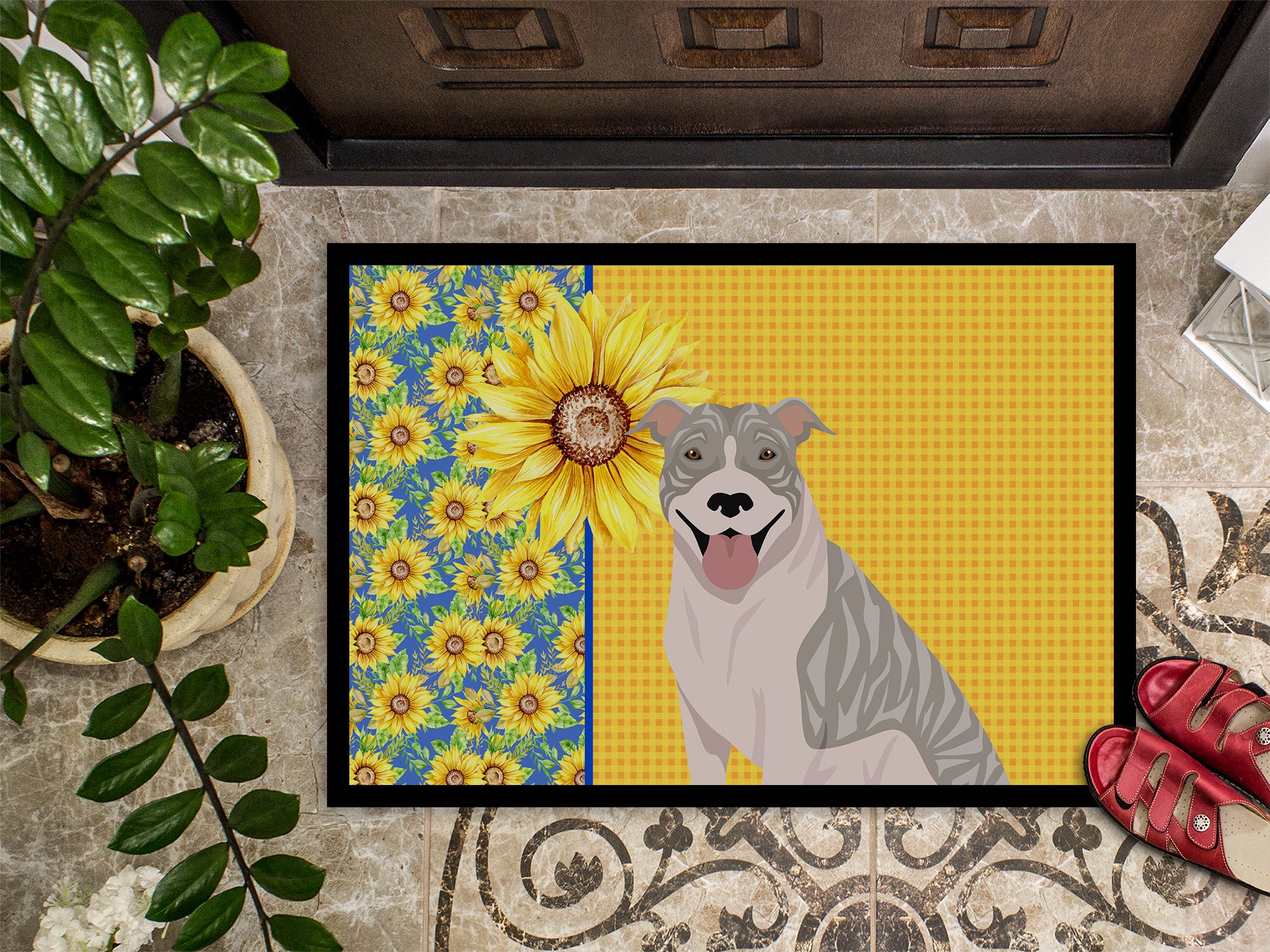 Summer Sunflowers Blue Brindle Pit Bull Terrier Indoor or Outdoor Mat 24x36 - the-store.com