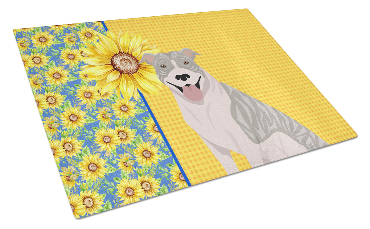 Buy this Summer Sunflowers Blue Brindle Pit Bull Terrier Glass Cutting Board Large
