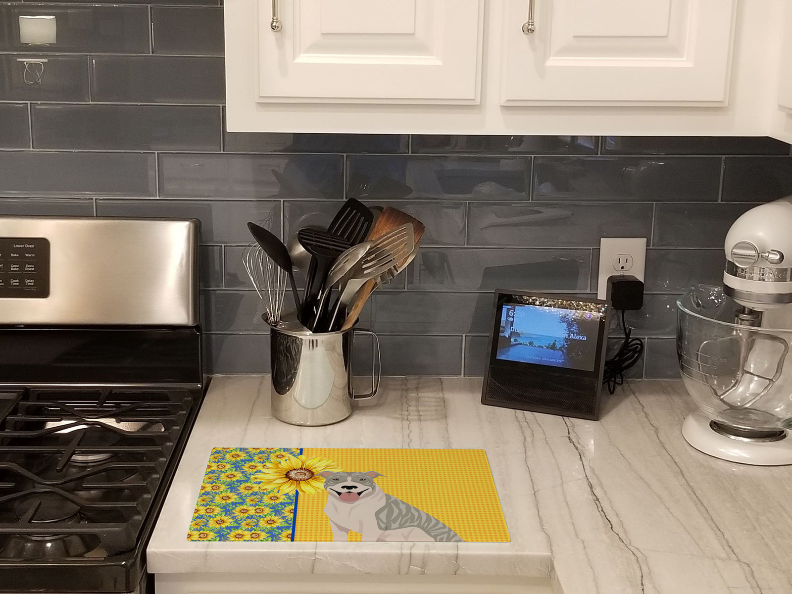 Caroline's Treasures Summer Sunflowers Blue Brindle Pit Bull Terrier Glass Cutting Boards – Durable, Decorative Kitchen Art Large