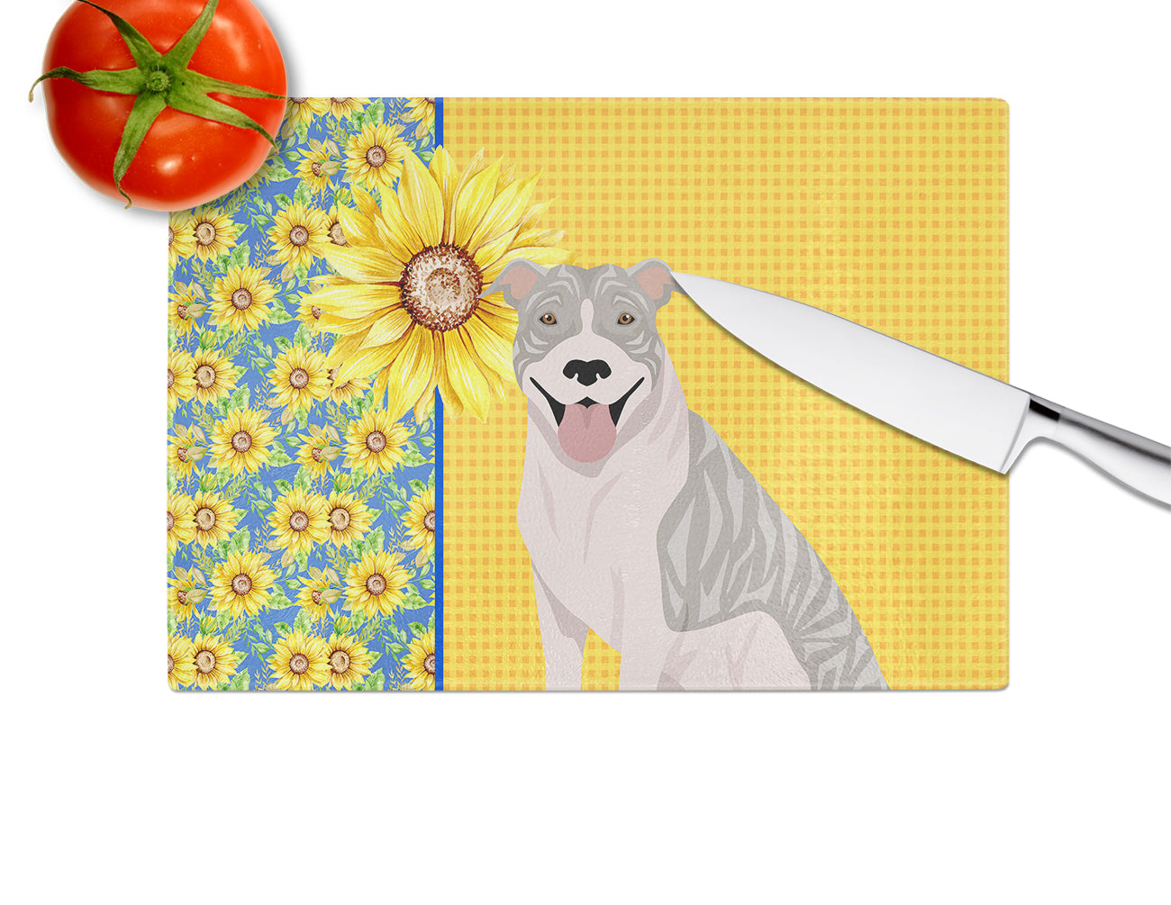 Summer Sunflowers Blue Brindle Pit Bull Terrier Glass Cutting Board Large - the-store.com
